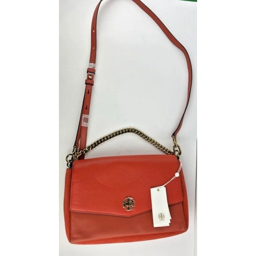 Tory Burch Kira Orange Mixed Material Double Strap Crossbody‎ Shoulder Bag NWT